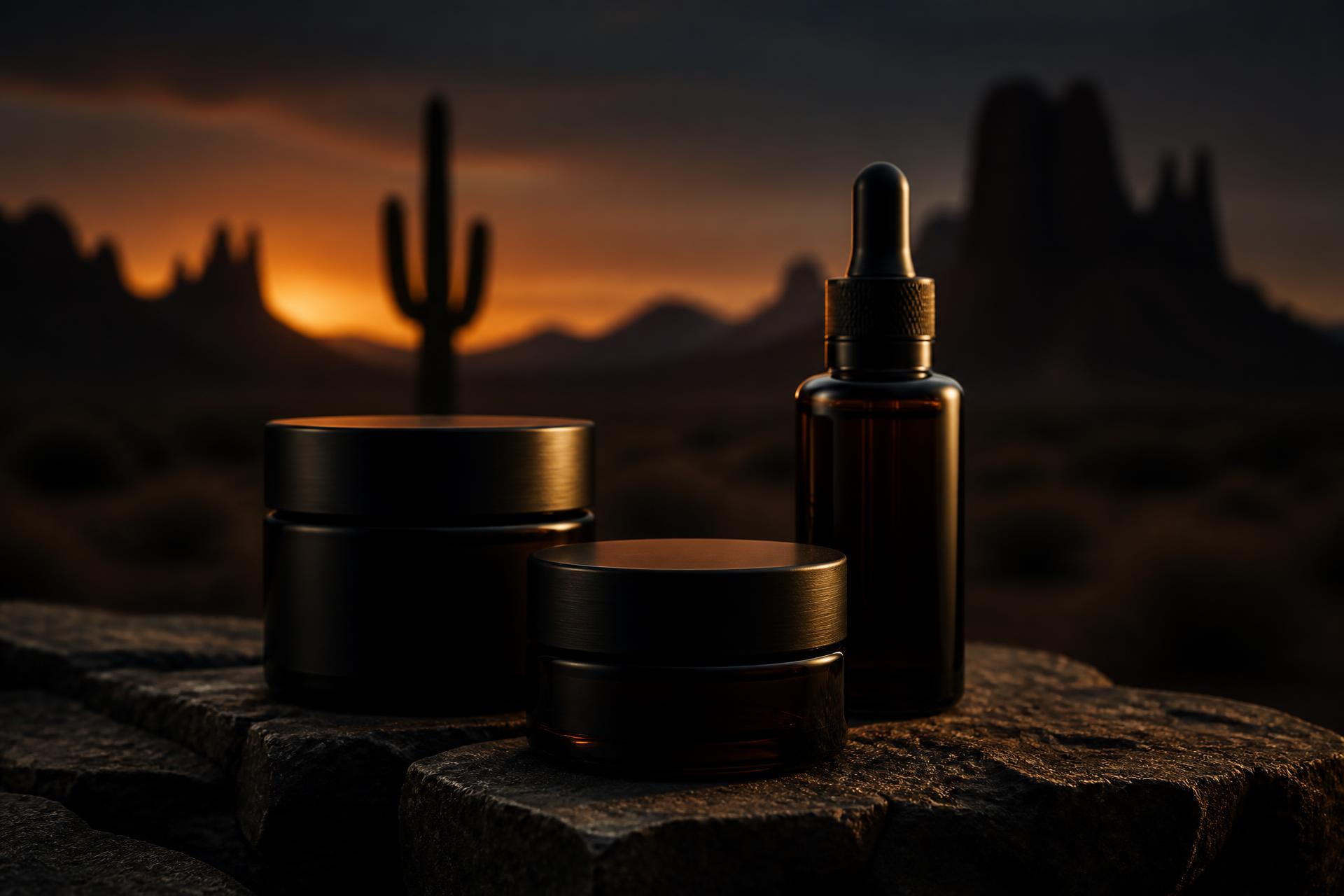 Matte black and amber glass grooming vessels on desert stone at dusk