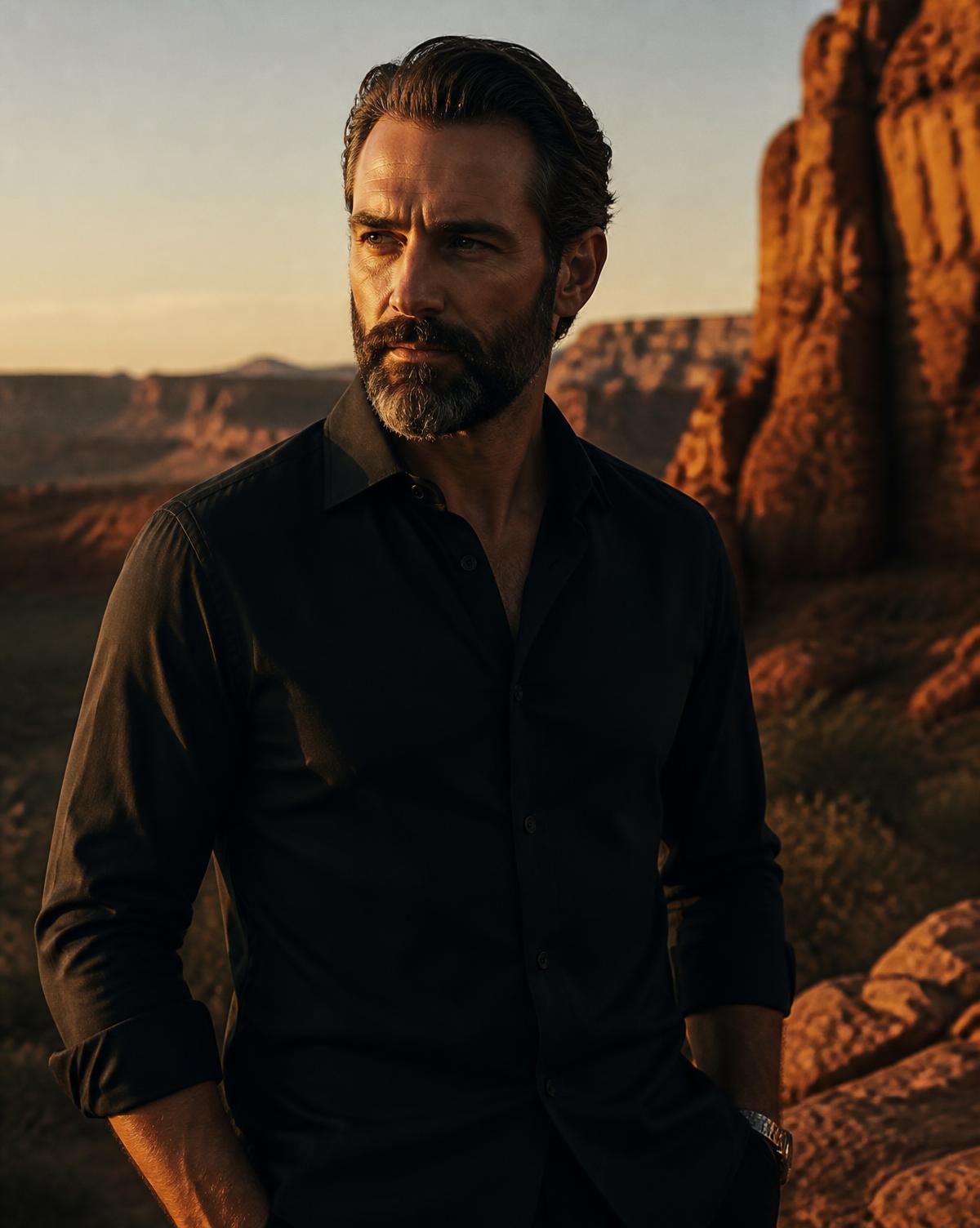 A refined bearded man in an Arizona desert canyon at golden hour